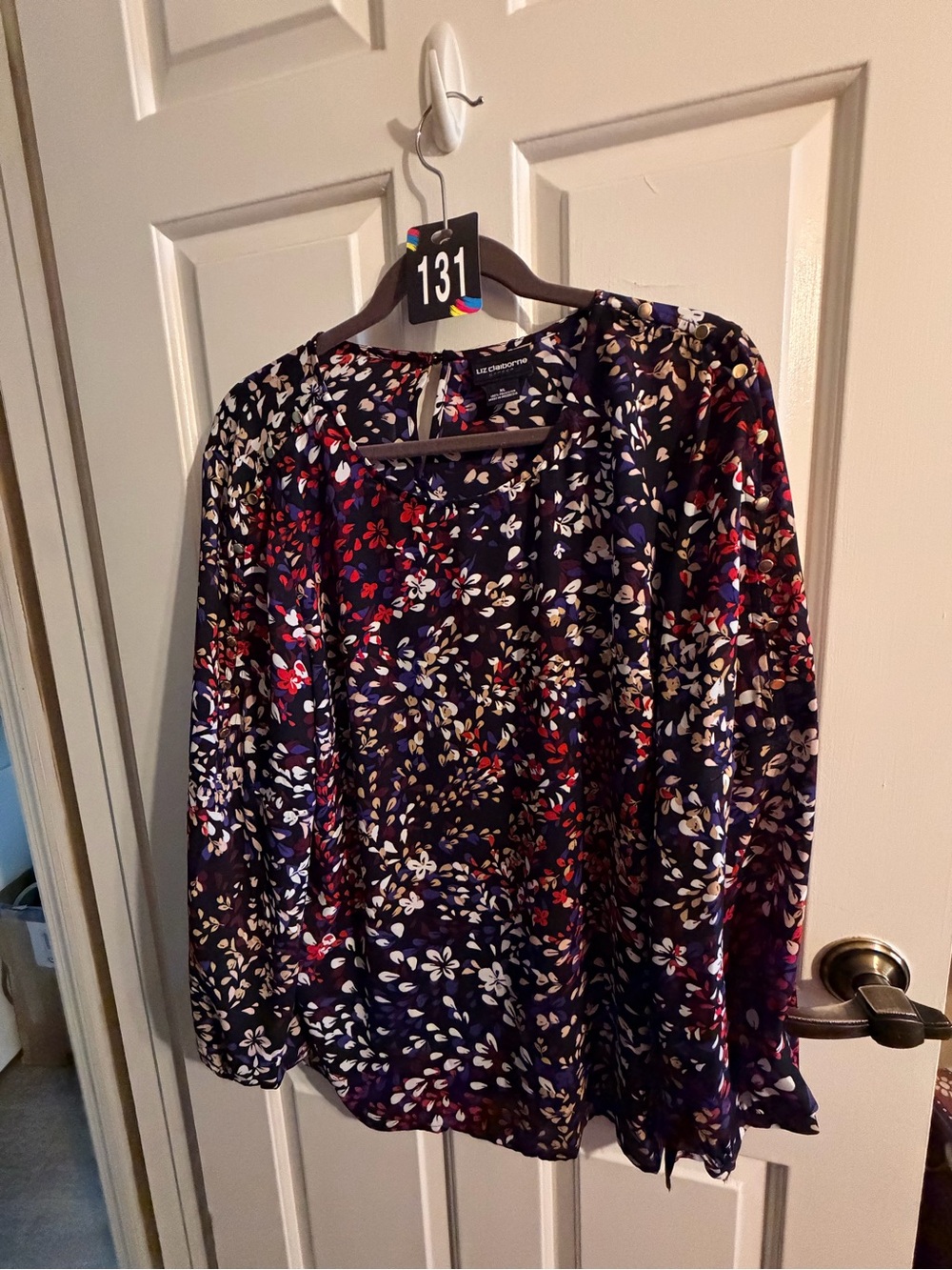 Liz Claiborne Navy Floral Long-Sleeve Blouse with Red and Cream Accents